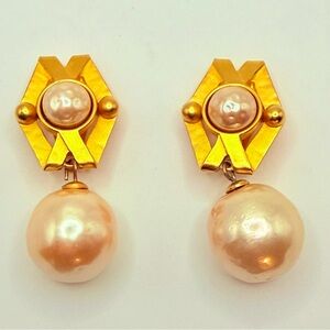 Karl Lagerfeld Iconic Earrings RARE Vtg Faux Baroque Pearl Drop Gold Clip Logo